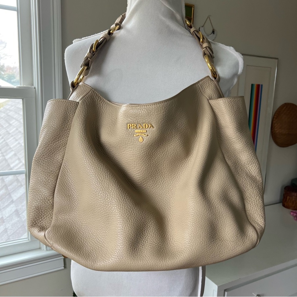 Prada Vitello Daino Side Pocket Hobo Tote Bag Neutral Taupe Leather
